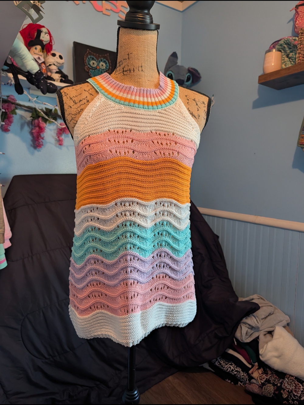 Multicolor Crochet Halter Tank Top - Pastel Stripe Knit